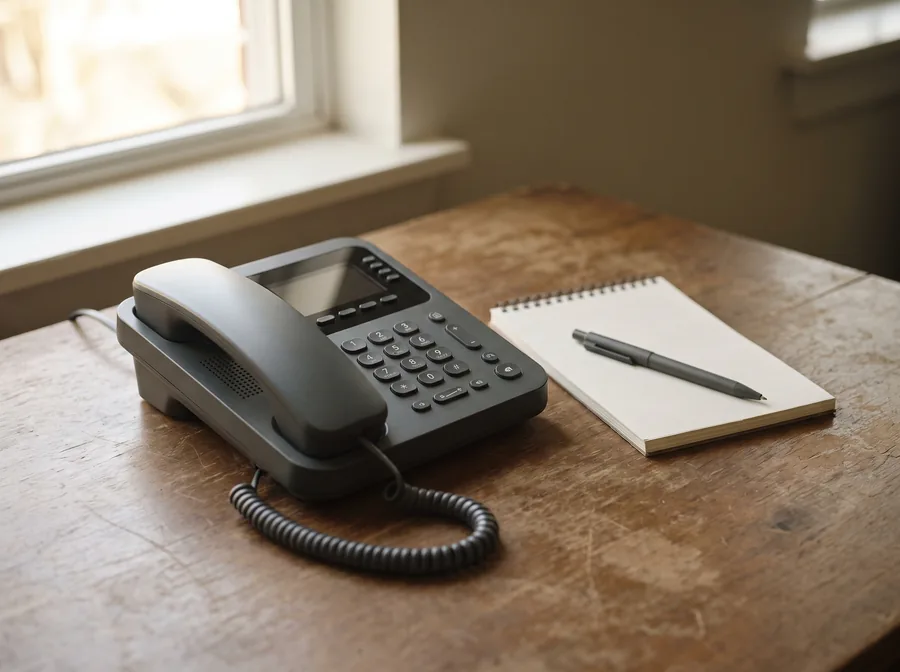 A desk phone resting in its cradle beside a notepad