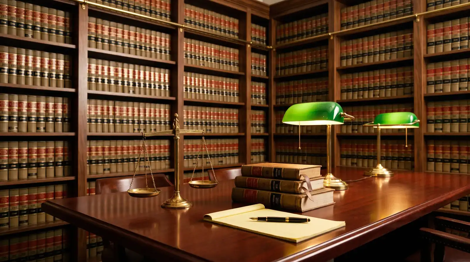 A law firm library: brass scales of justice and bound legal volumes on a mahogany table