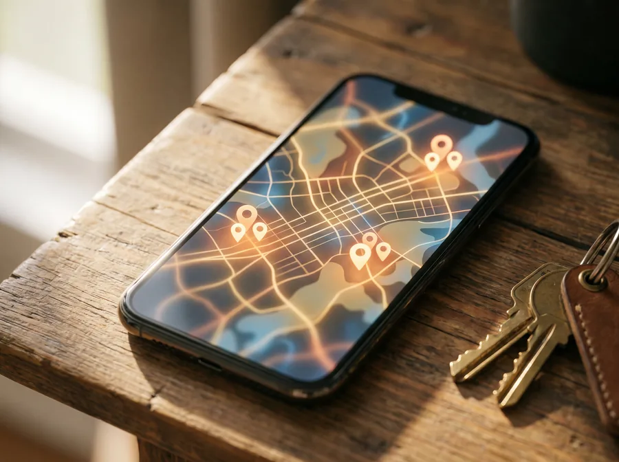 A phone showing a city map with three glowing location pins on it