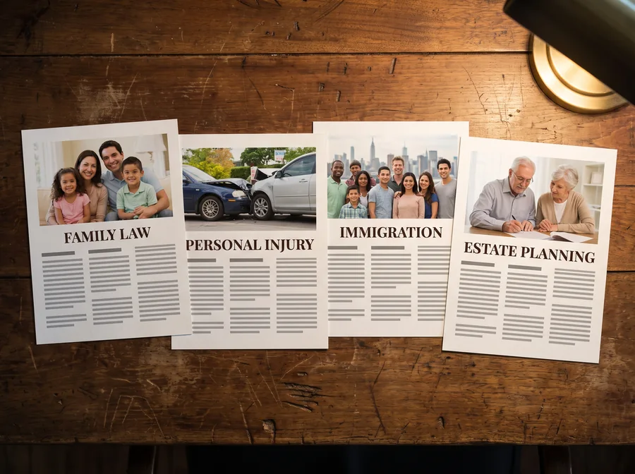 Four printed practice-area pages: family law, personal injury, immigration, estate planning