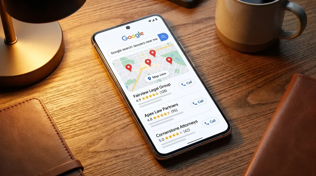 A phone showing search results for lawyers, with a map and three firm listings