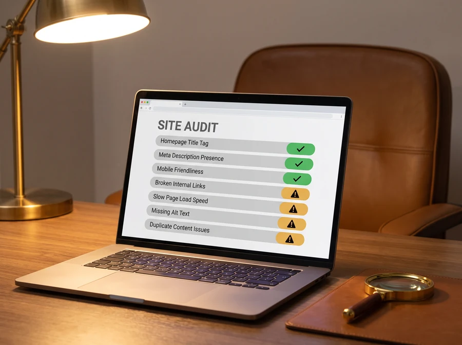 A laptop showing a site audit checklist, some rows passing and some flagged