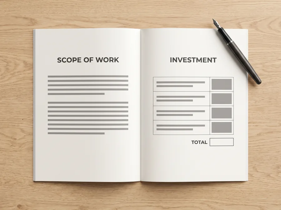 A printed proposal open on a desk, scope of work on one page and the investment table on the other
