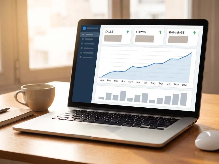 A laptop showing a reporting dashboard with calls, forms and rankings all trending up