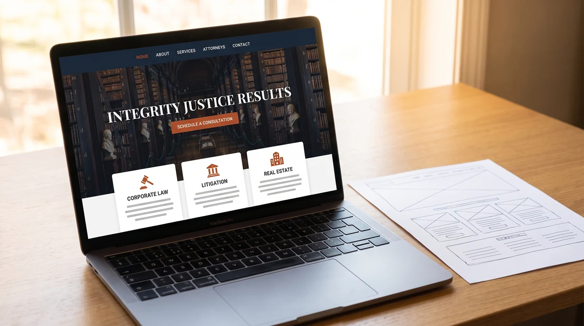 A laptop showing a finished law firm website beside the paper wireframe it came from