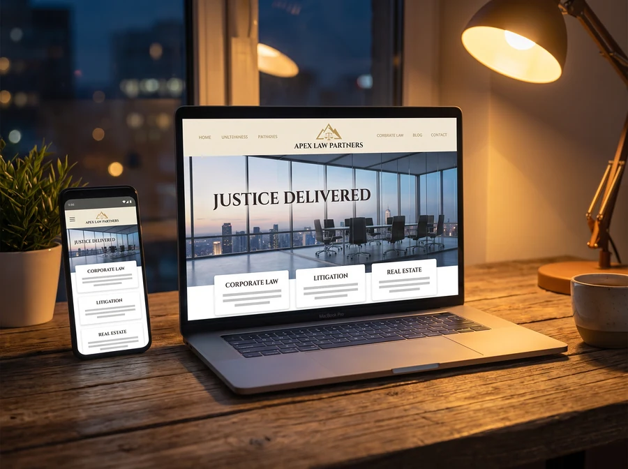 A laptop and phone showing the same finished law firm website on both screens