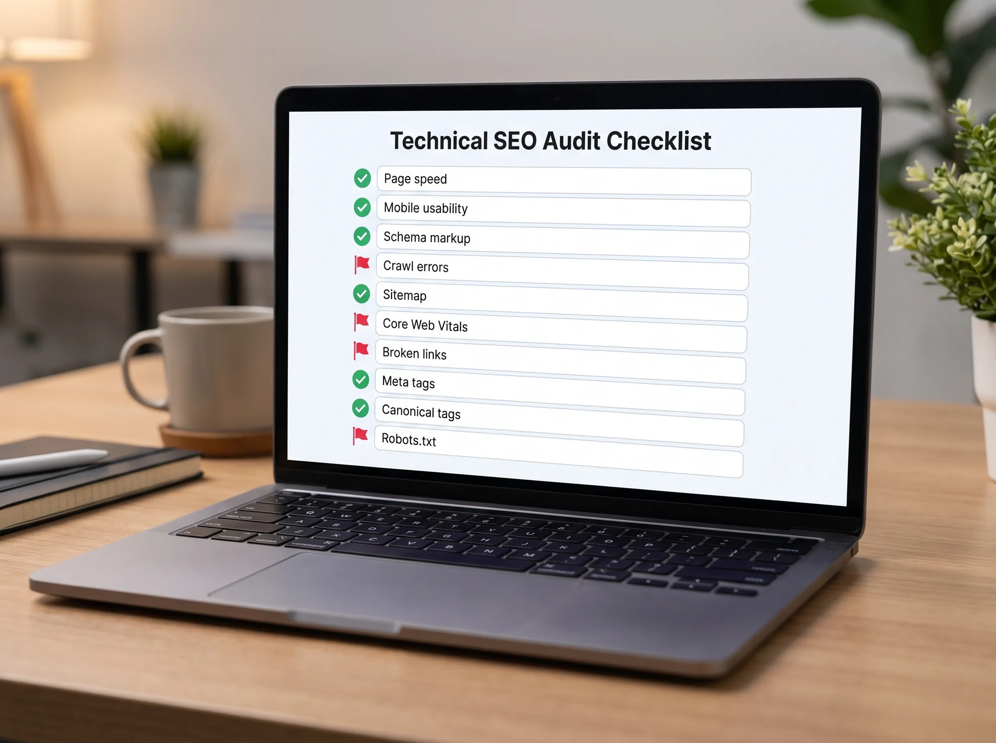 A laptop showing a technical SEO audit checklist, some rows passing and some flagged