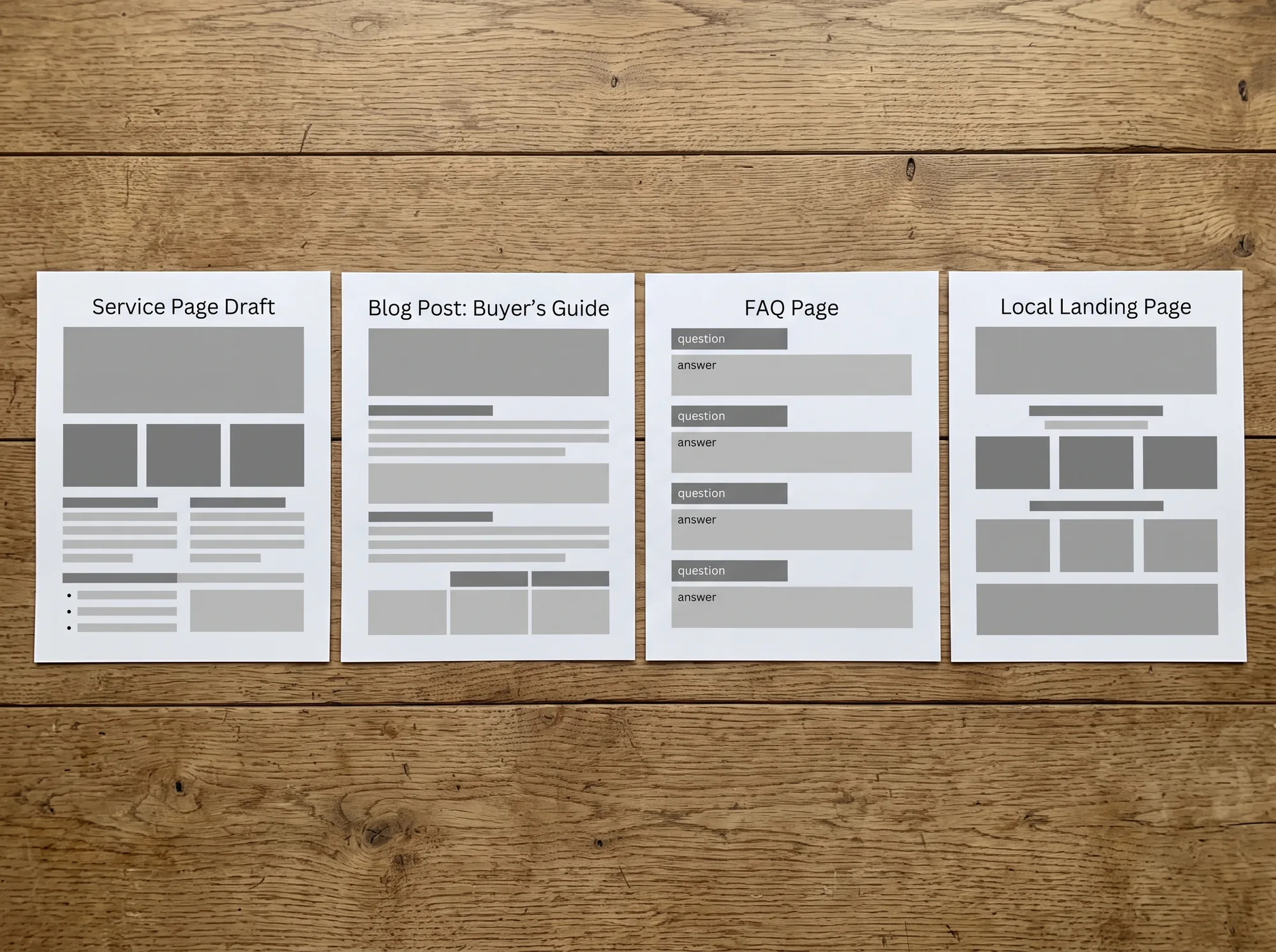 Four printed content pages: a service page draft, a blog post, an FAQ page and a local landing page