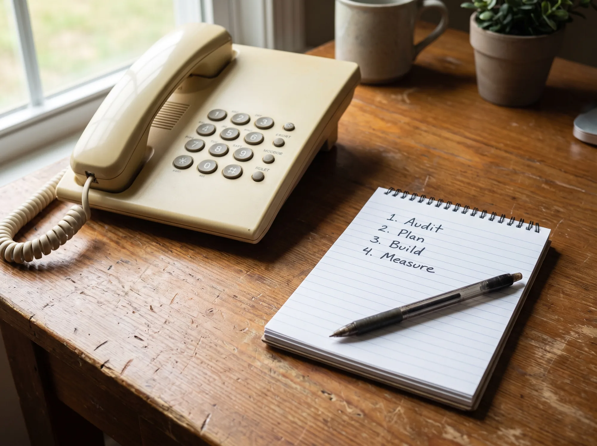 A desk phone resting in its cradle beside a notepad listing audit, plan, build and measure