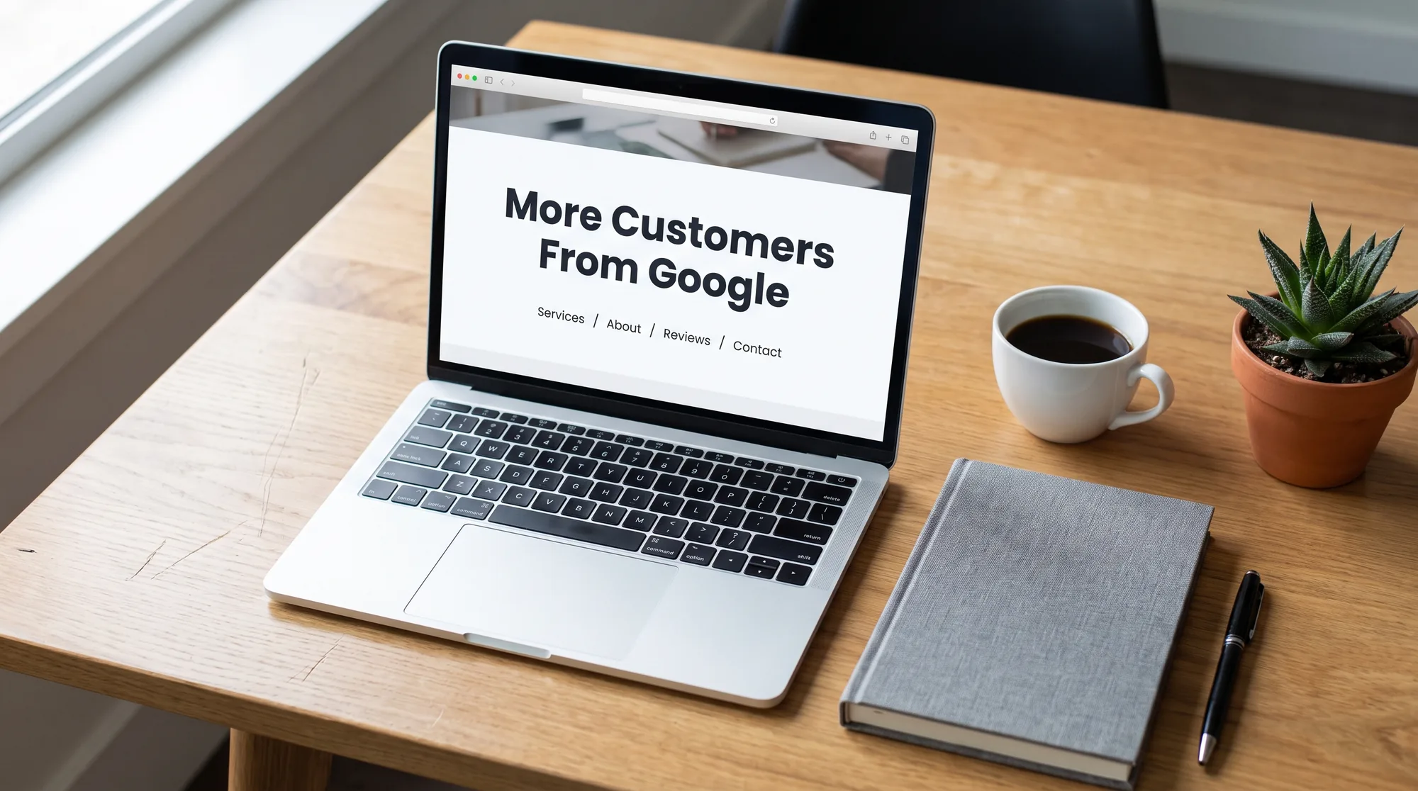 A desk with a laptop showing a small business homepage, part of organic SEO services work