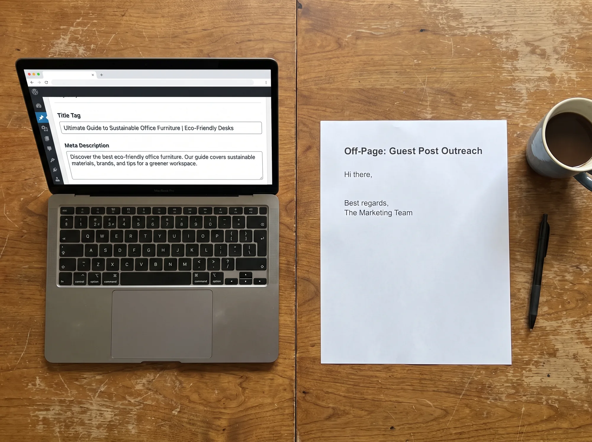 A split desk showing on page SEO service fields on a laptop and an off-page outreach draft on paper