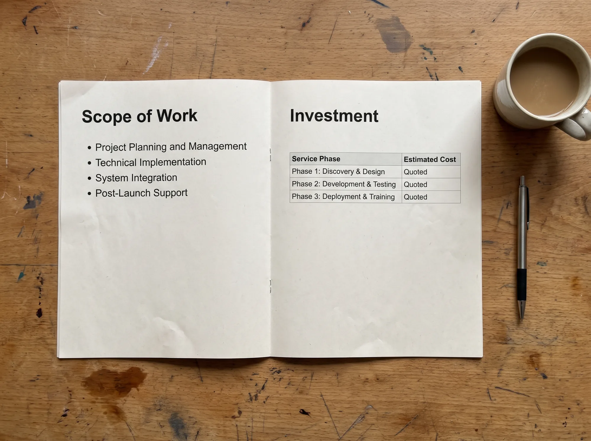 A printed proposal open on a desk, scope of work on one page and the investment table on the other