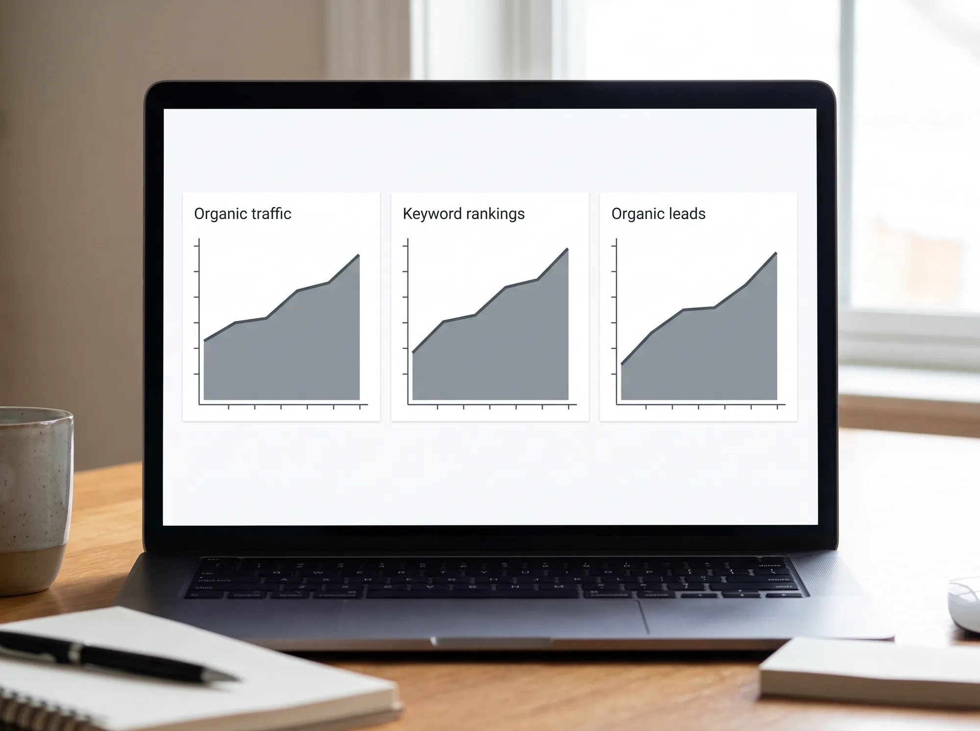 A laptop showing an analytics dashboard with organic traffic, keyword rankings and qualified leads trending upward