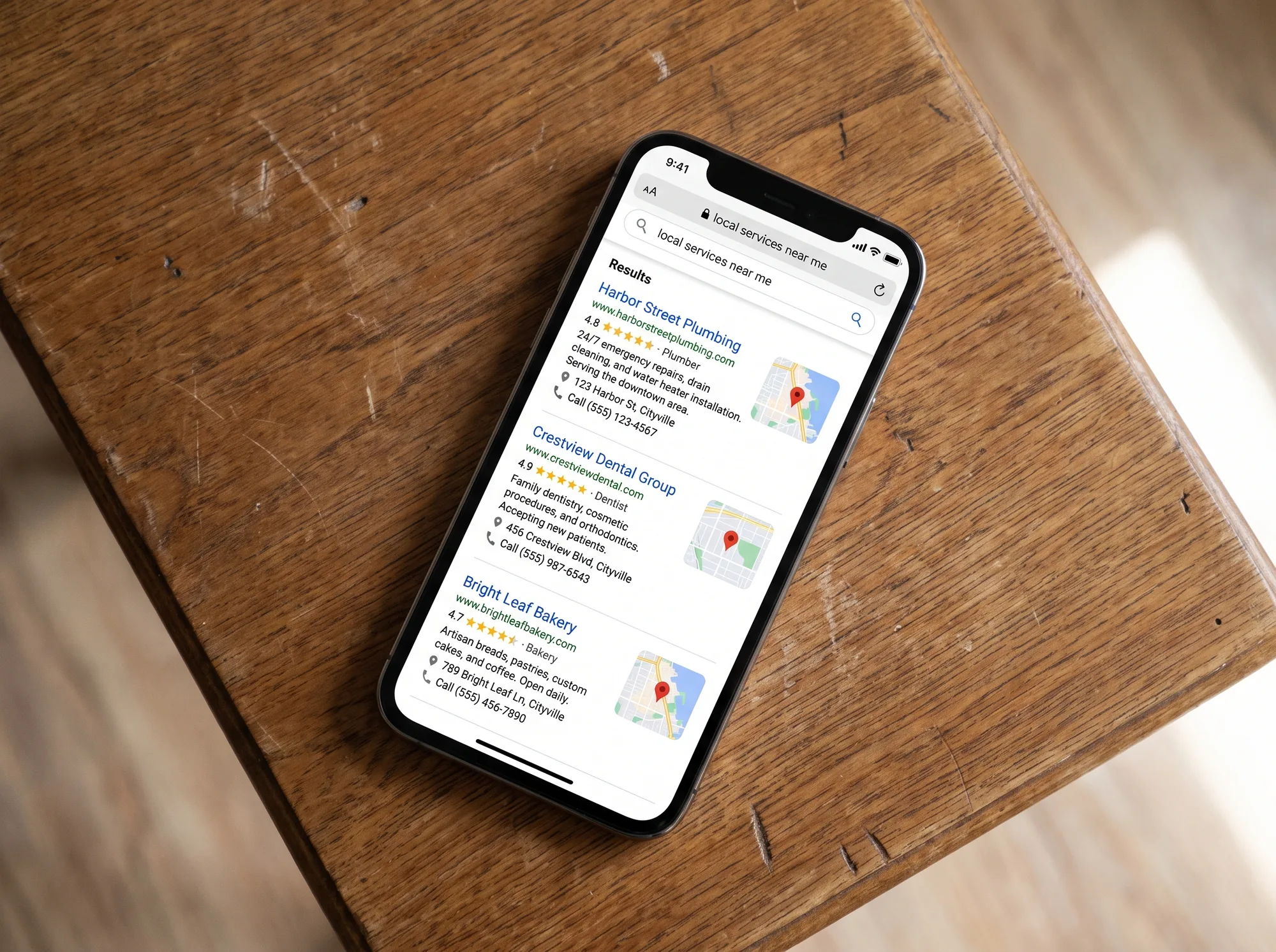 A phone showing Google search results for a local service term, with three business listings
