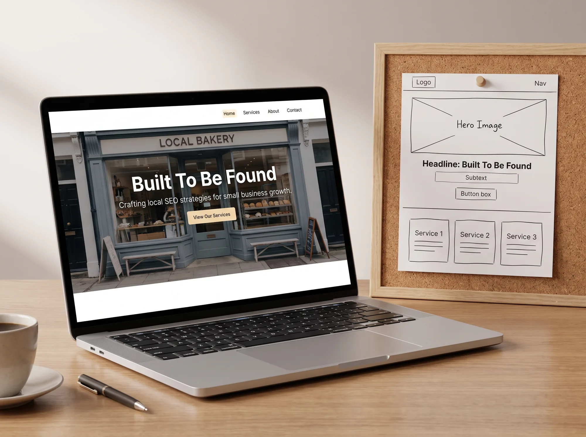 A laptop showing a finished small business website beside the paper wireframe it came from